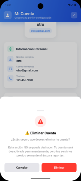 Ventana de confirmación para eliminar cuenta con botón Eliminar definitivamente
