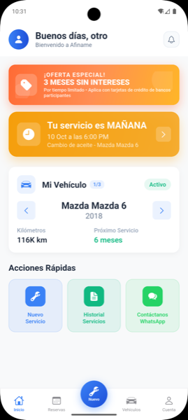 Pantalla principal de Afiname mostrando el menú inferior con la opción Perfil resaltada