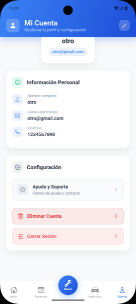 Pantalla de perfil de usuario mostrando la opción Eliminar cuenta resaltada